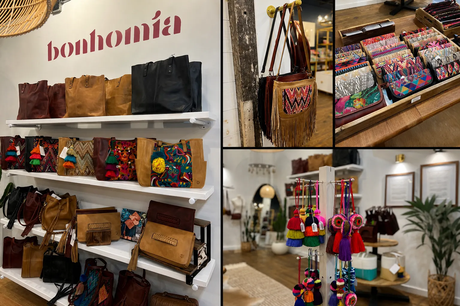 Bonhomia leather bags and colorful textile accessories displayed in the boutique